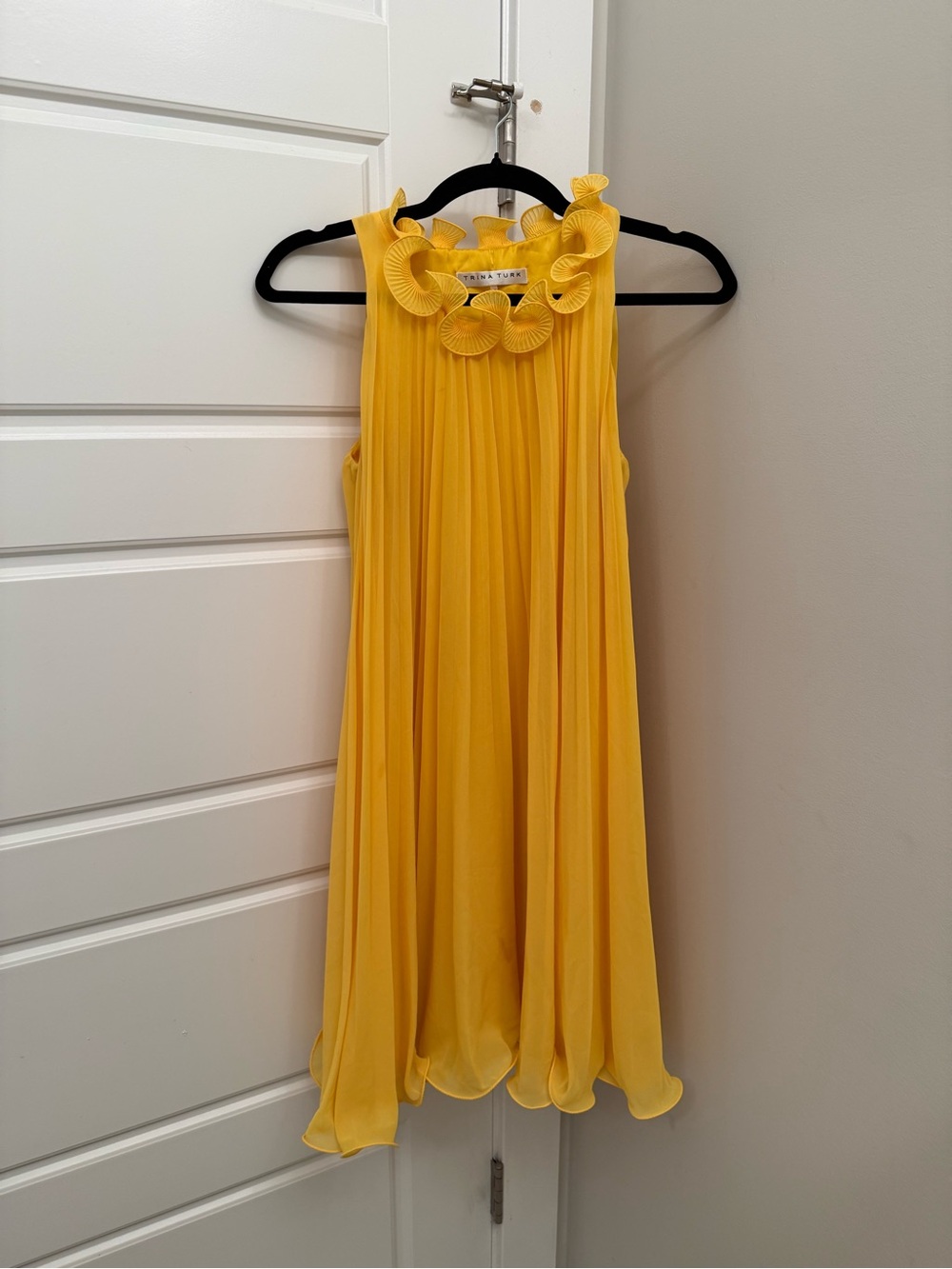 Trina Turk Sunny Yellow Ruffle-Neck Pleated Dress